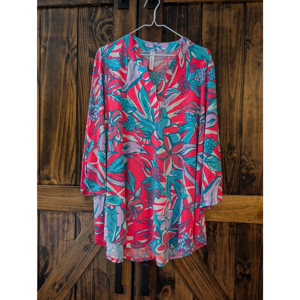 NWT Dear Scarlett Lizzy womens sz XL Pink Blue Wrinkle Free Easy Care Blouse